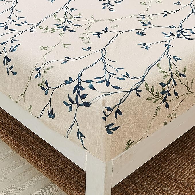 JSD 4 Piece Leaves Printed Sheet Set Queen Size, Soft Blue Green Leaf Pattern Microfiber Bed Sheets Deep Pocket