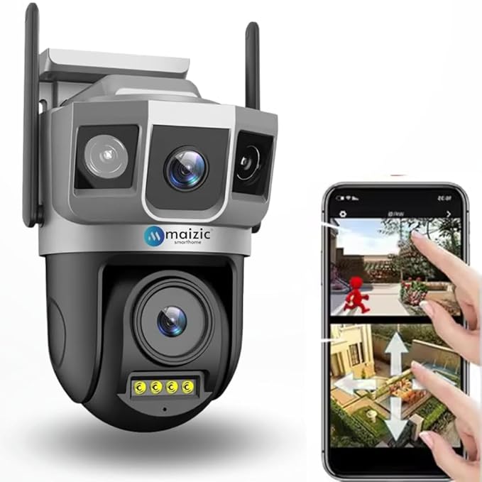 Maizic Smarthome Shark Dual Lens/Triple Screen View 5+5 MP UHD WiFi Outdoor CCTV Camera for Home with Color Night Vision, Motion Tracking, Two Way Talk and Multi Users View, 2 Years Warranty